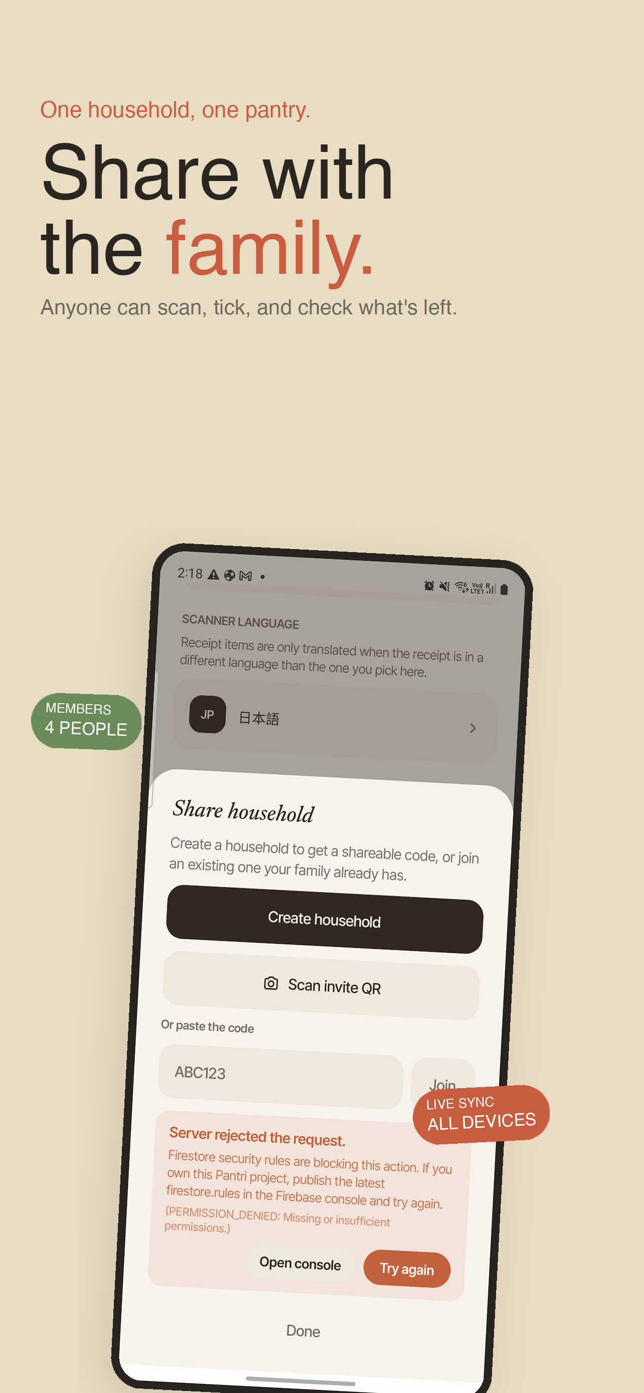 Share the pantry with the family — live sync across devices.